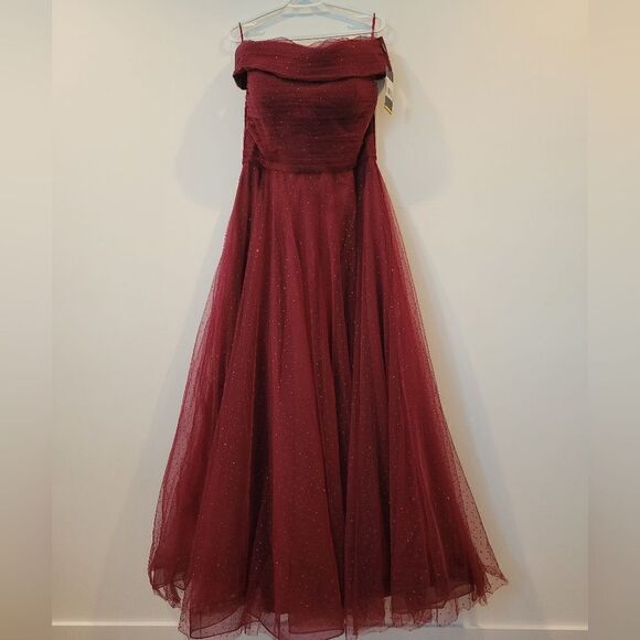 NWT LA Femme Embellished Off the Shoulder Mesh Gown - Picture 3 of 6